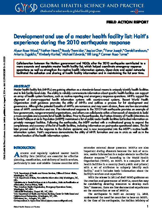 Development and use of a master health facility list: Haiti’s experience during the 2010 earthquake response