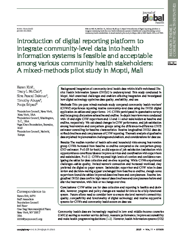 Introduction of digital reporting platform to integrate community-level data into health information systems is feasible and acceptable among various community health stakeholders: A mixed-methods pilot study in Mopti, Mali
