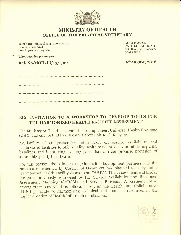 Kenya Ministry of Health Invitation to Workshop on Harmonized Health Facility Assessment