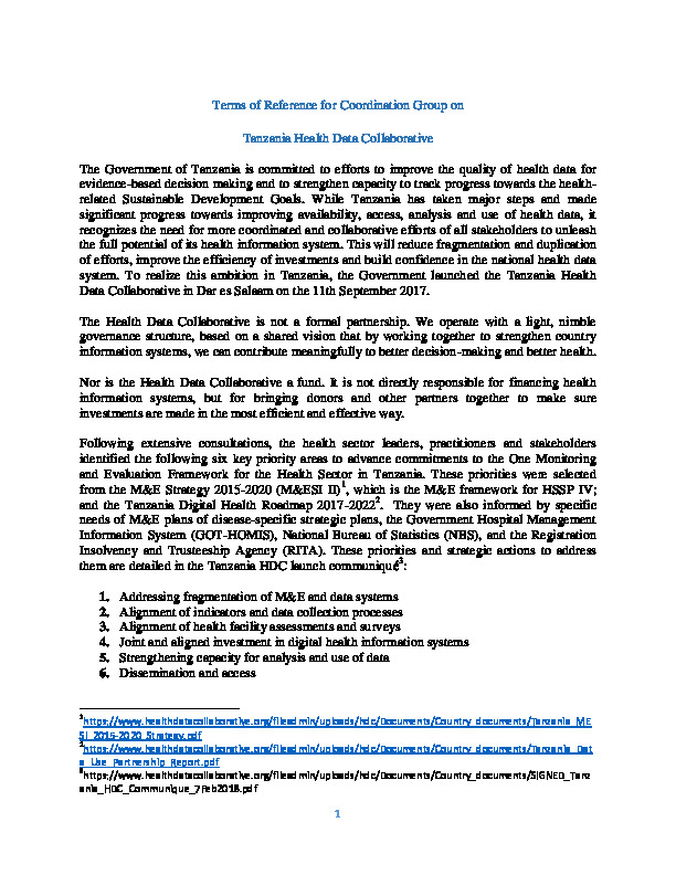 Tanzania HDC Coordination Group Terms of Reference