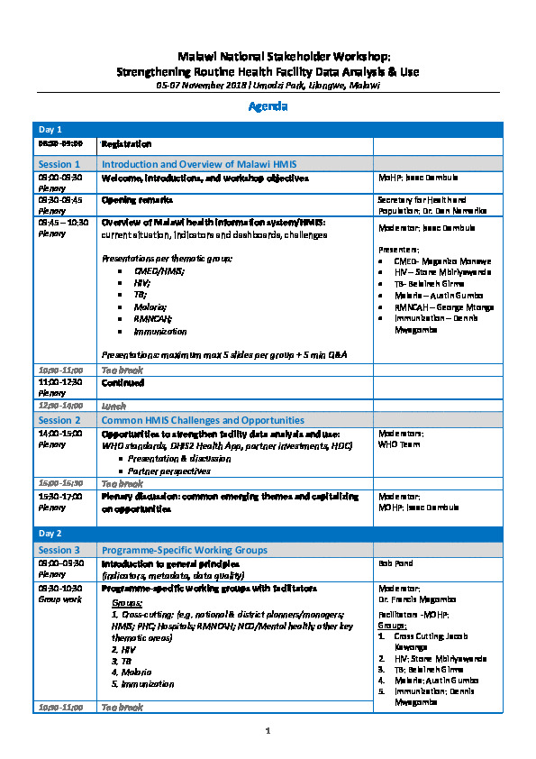 Malawi HMIS National Stakeholder Workshop - Agenda