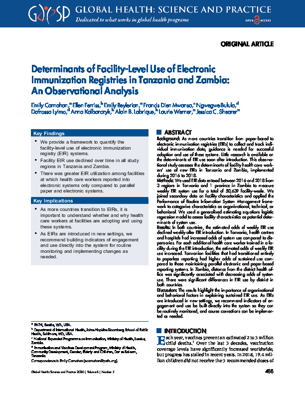 Determinants of Facility-Level Use of Electronic Immunization Registries in Tanzania and Zambia: An Observational Analysis