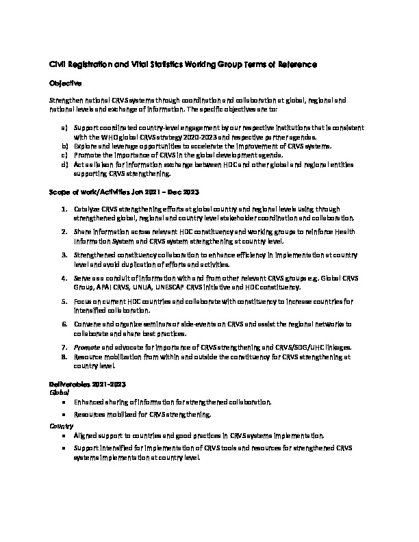 Civil Registration and Vital Statistics Working Group Terms of Reference
