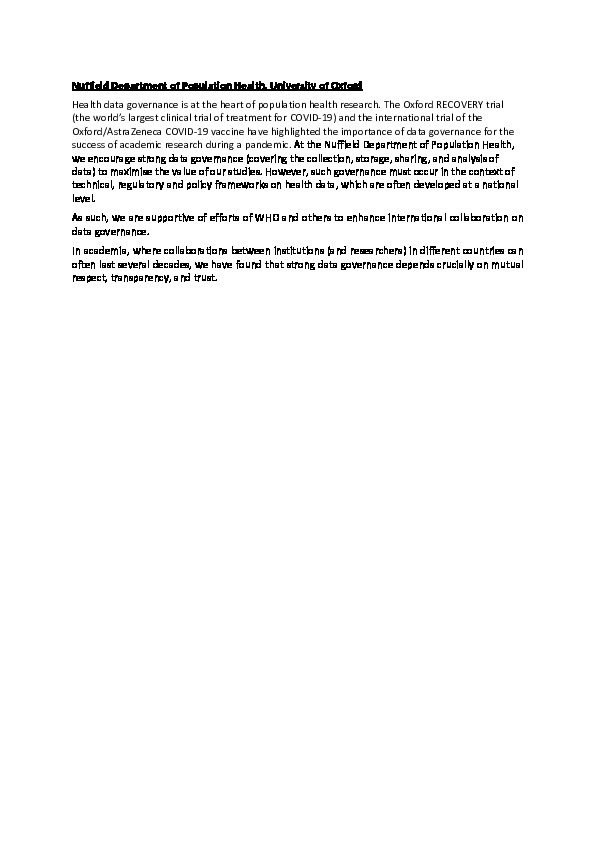 Nuffield Department of Population Health, University of Oxford data sharing summary