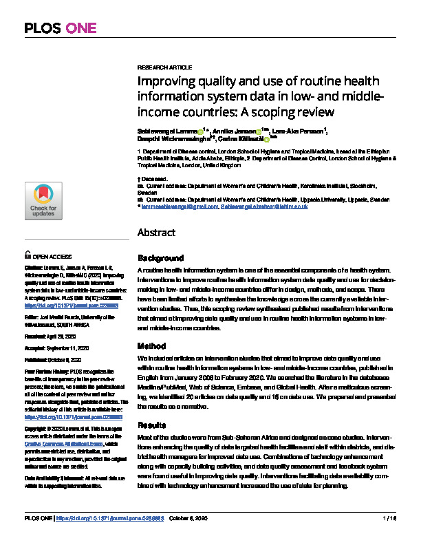Improving quality and use of routine health information system data in low- and middle income countries: A scoping review, 2020
