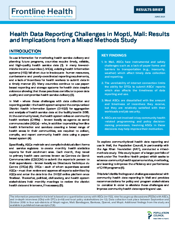 Health Data Reporting Challenges in Mopti, Mali: Results and Implications from a Mixed Methods Study, 2021