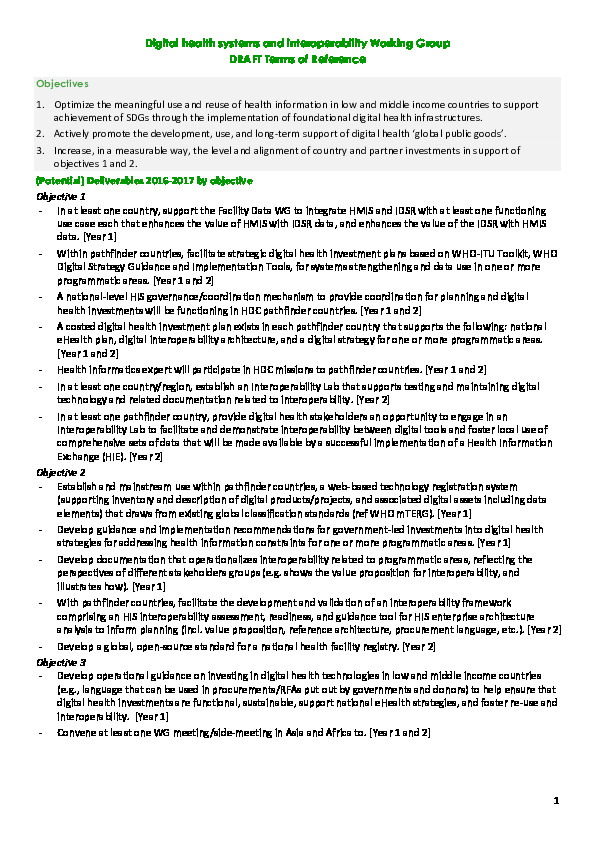 Digital Health Systems and Interoperability - Terms of Reference