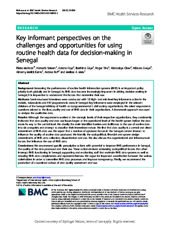 Key informant perspectives on the challenges and opportunities for using routine health data for decision-making in Senegal