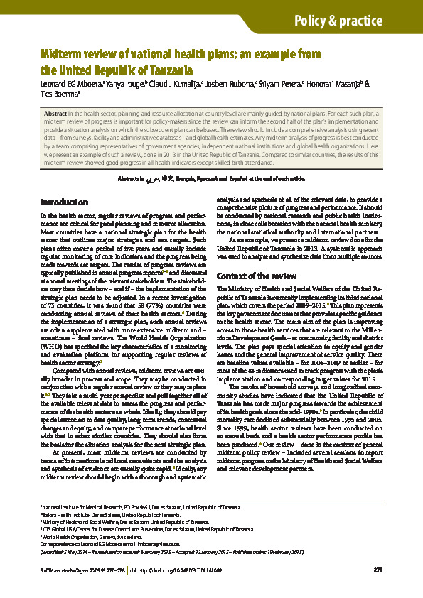 Midterm review of national health plans: an example from the United Republic of Tanzania