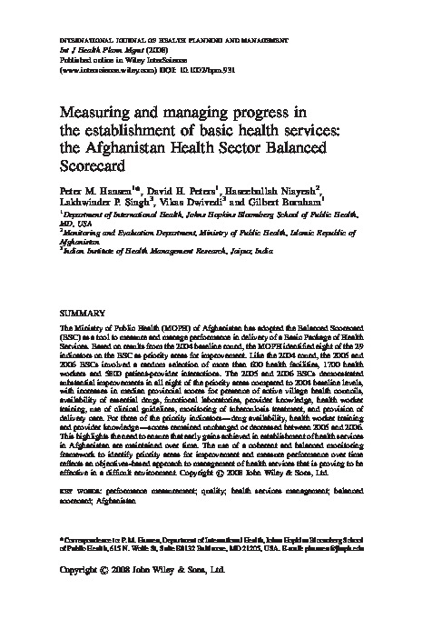 Measuring and managing progress in the establishment of basic health services: the Afghanistan Health Sector Balanced Scorecard