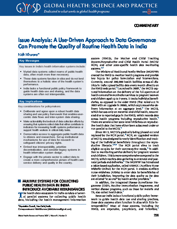 Issue Analysis: A Use-Driven Approach to Data Governance Can Promote the Quality of Routine Health Data in India