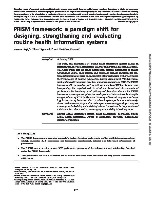PRISM framework: a paradigm shift for designing, strengthening and evaluating routine health information systems, 2009
